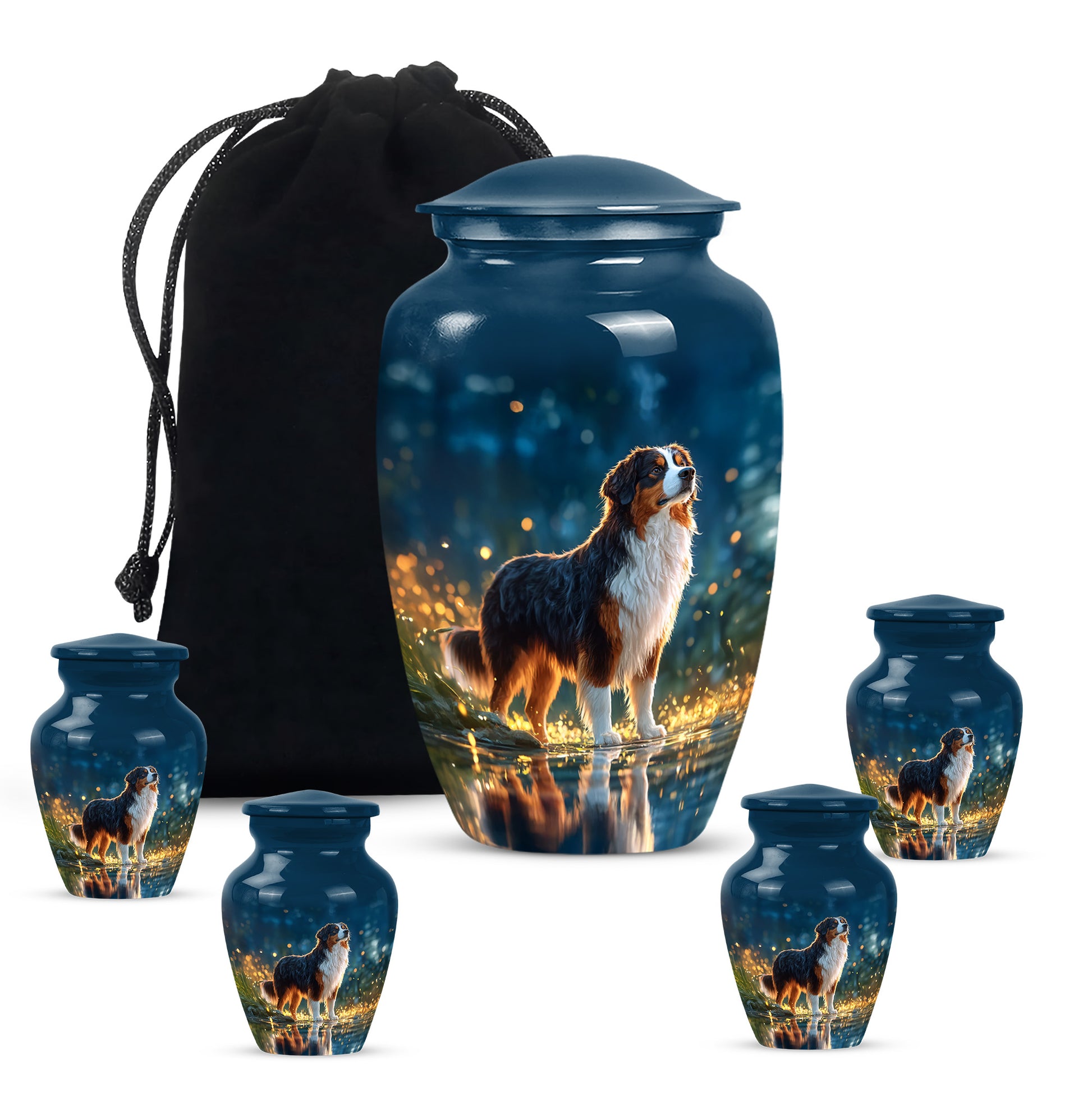 Misty Blue Dog Cremation Urn top-down view of secure threaded lid - timeless dog motif etched into premium metal - memorial set with one large and four small urns