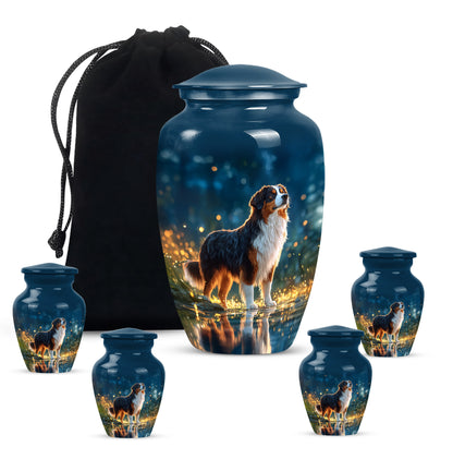 Misty Blue Dog Cremation Urn top-down view of secure threaded lid - timeless dog motif etched into premium metal - memorial set with one large and four small urns