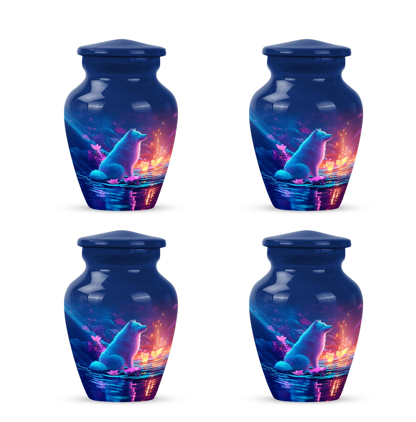 Steel Blue Dog Cremation Urn side profile showing urn shape - traditional dog engraving with hand-polished finish - 10 inch aluminum urn for cremated remains