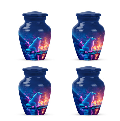 Steel Blue Dog Cremation Urn side profile showing urn shape - traditional dog engraving with hand-polished finish - 10 inch aluminum urn for cremated remains