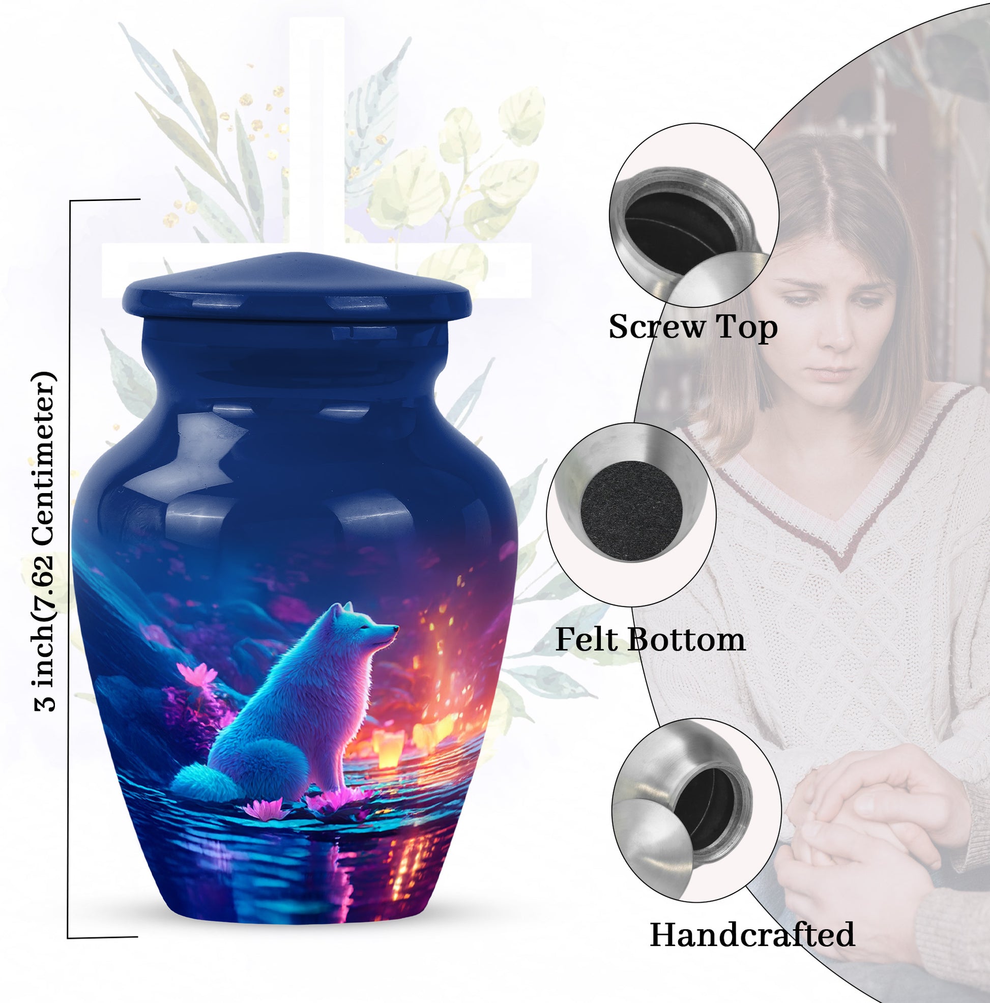 Azure Dog Cremation Urn close-up of engraving and surface detail - classic sculpted dog pattern on smooth aluminum - mini keepsake memorial for portion of cremation ashes