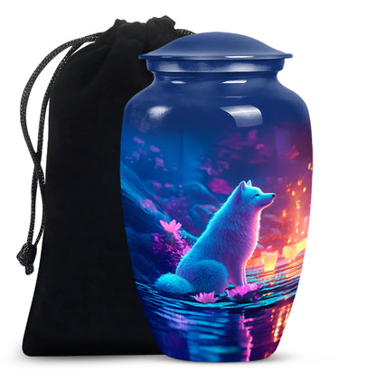 Sky Blue Dog Cremation Urn angled view of lid and engraved motif - timeless dog motif etched into premium metal - full-size 10 inch 200 cubic inch adult cremation urn