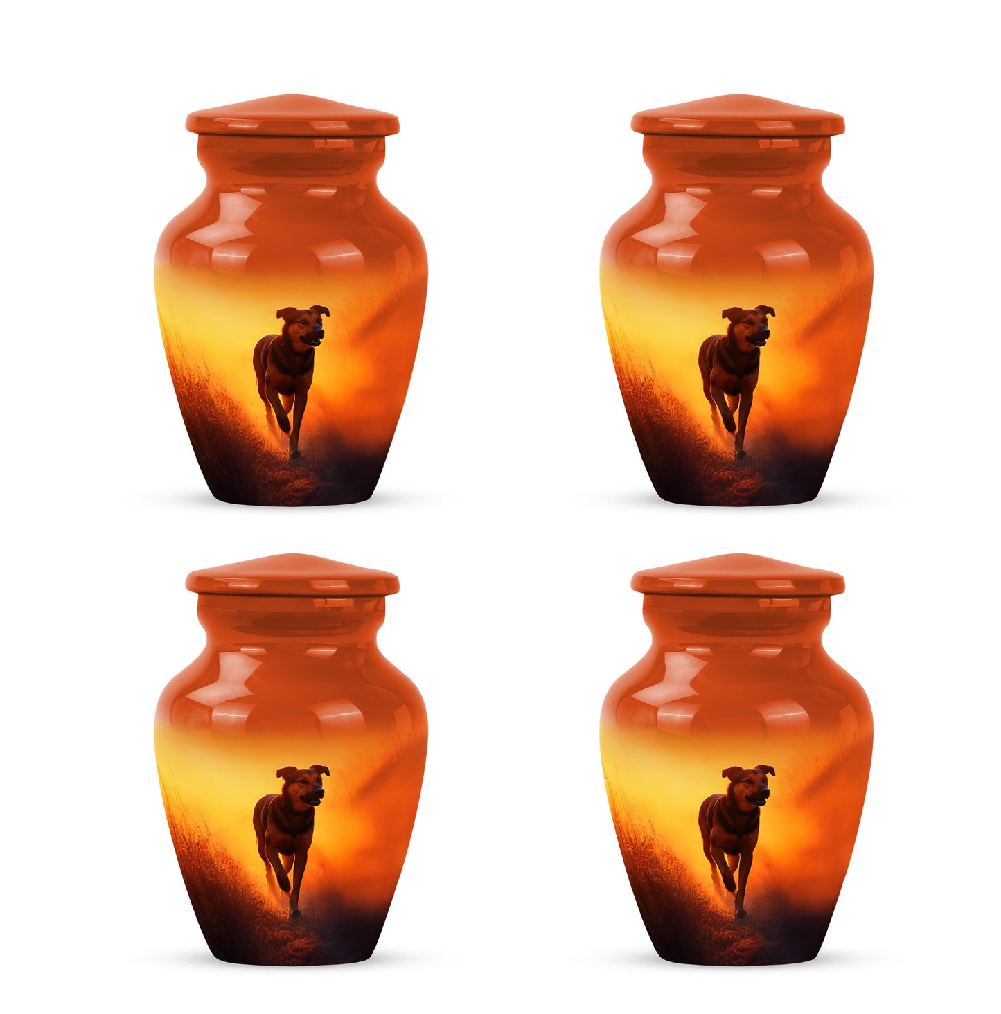 Burnished Gold Dog Cremation Urn side profile showing urn shape - traditional dog engraving with hand-polished finish - 10 inch aluminum urn for cremated remains