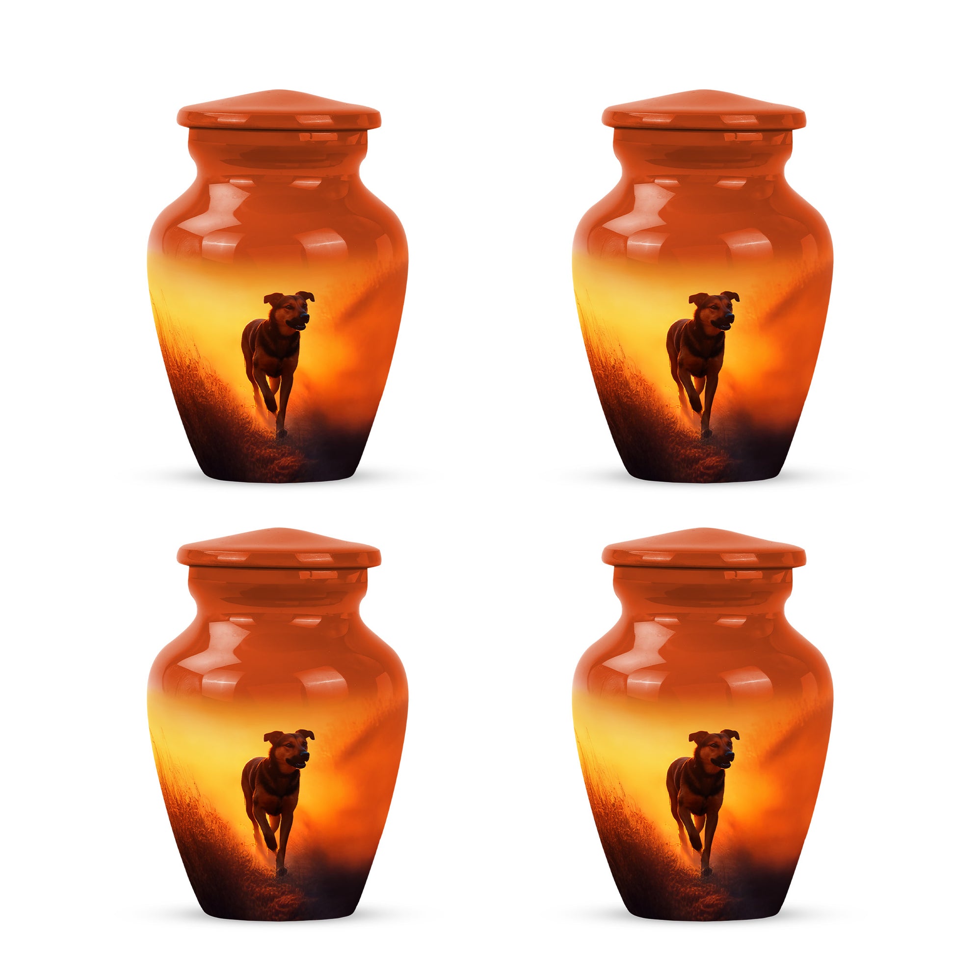 Burnished Gold Dog Cremation Urn side profile showing urn shape - traditional dog engraving with hand-polished finish - 10 inch aluminum urn for cremated remains