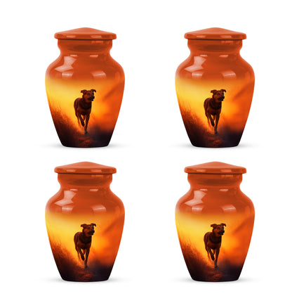 Burnished Gold Dog Cremation Urn side profile showing urn shape - traditional dog engraving with hand-polished finish - 10 inch aluminum urn for cremated remains