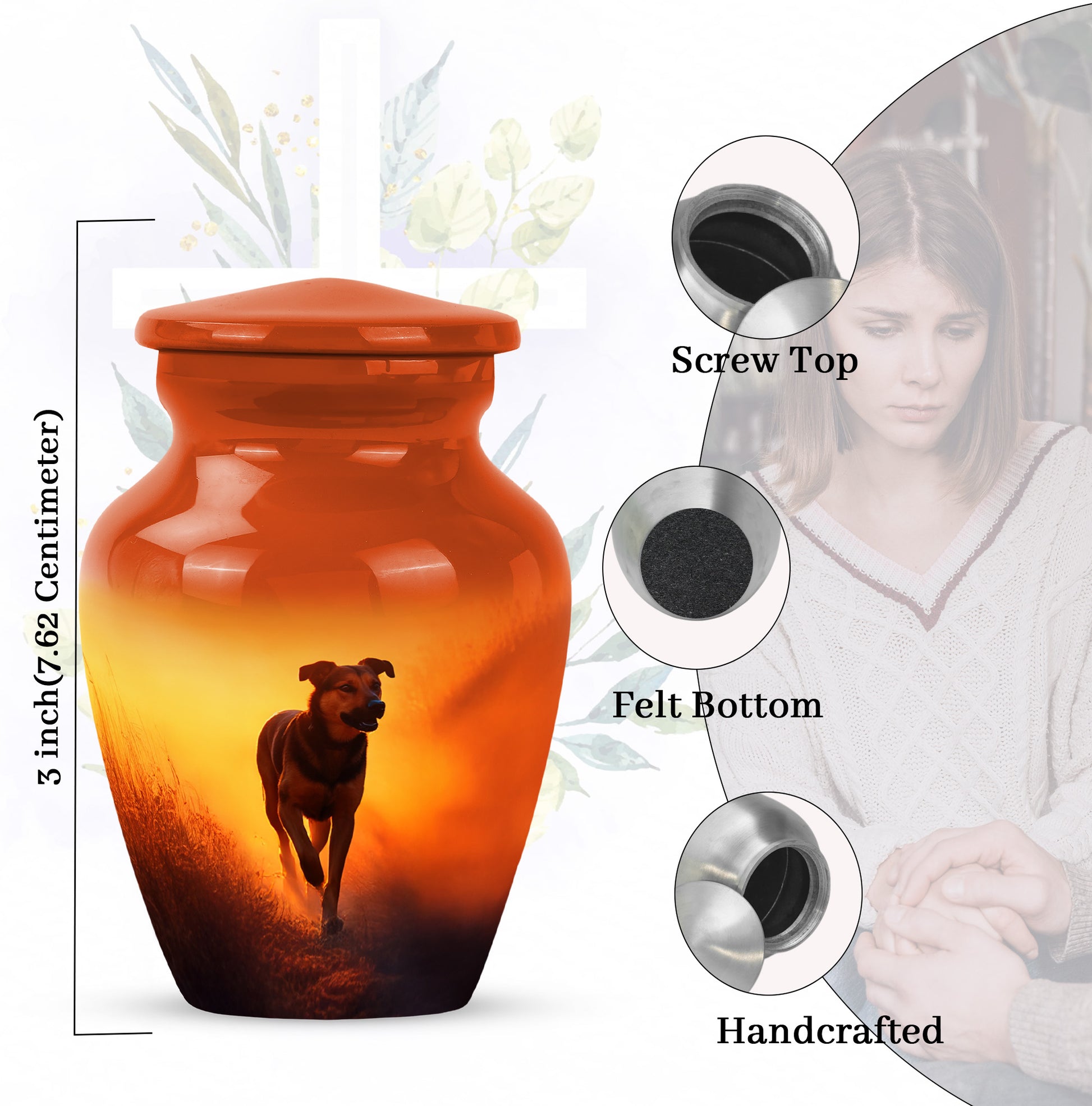 Champagne Gold Dog Cremation Urn close-up of engraving and surface detail - classic sculpted dog pattern on smooth aluminum - mini keepsake memorial for portion of cremation ashes