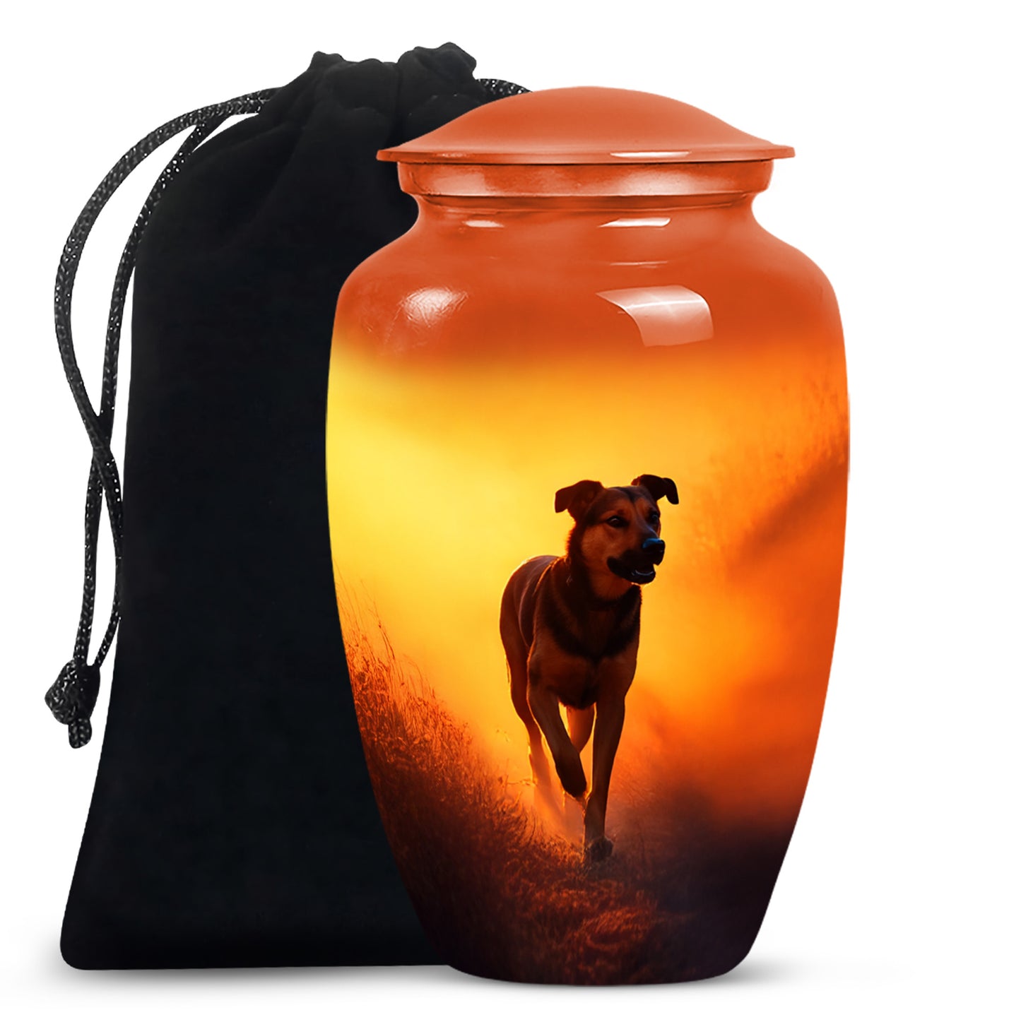 Antique Gold Dog Cremation Urn angled view of lid and engraved motif - classic sculpted dog pattern on smooth aluminum - full-size 10 inch 200 cubic inch adult cremation urn