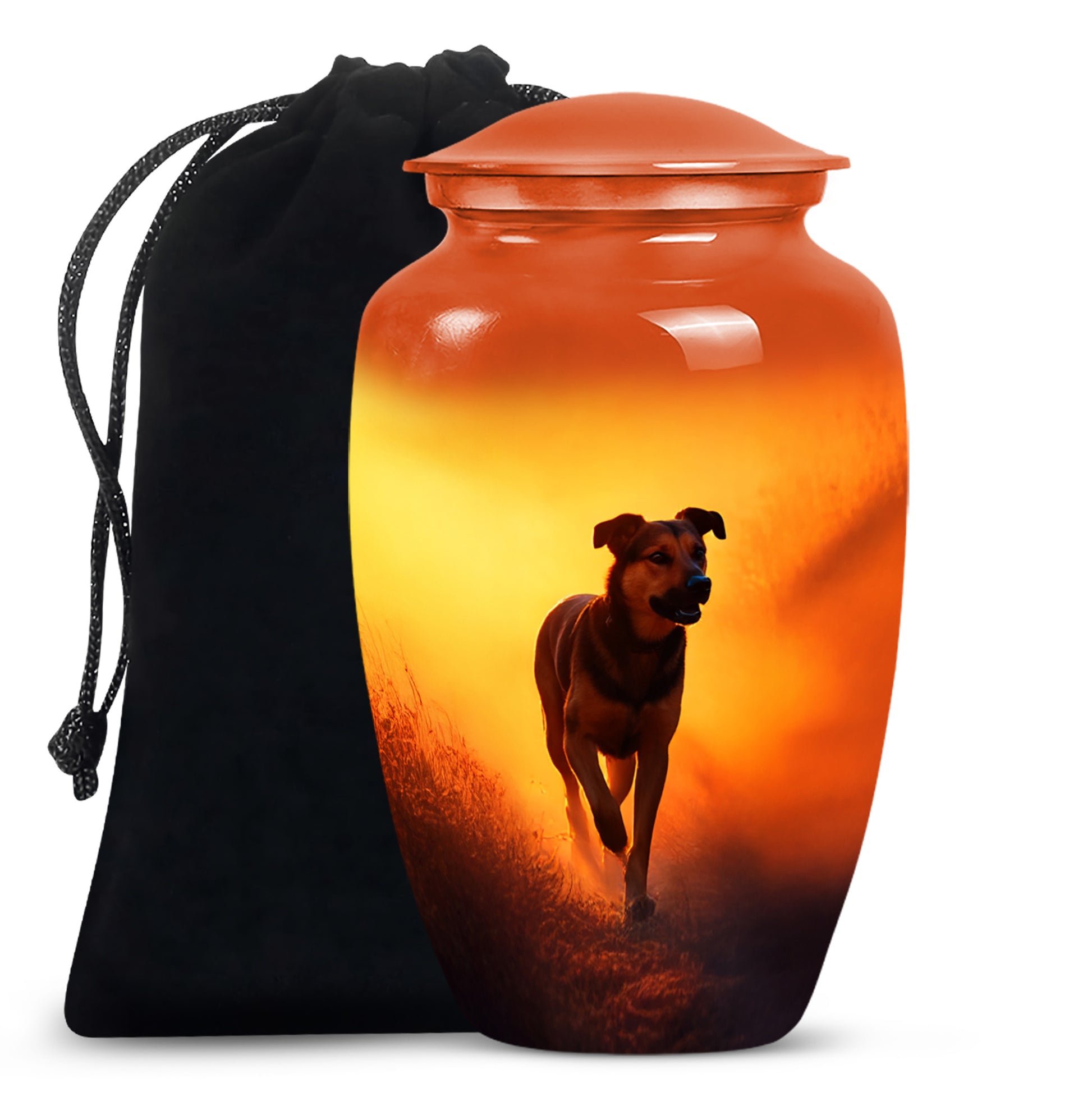 Antique Gold Dog Cremation Urn angled view of lid and engraved motif - classic sculpted dog pattern on smooth aluminum - full-size 10 inch 200 cubic inch adult cremation urn