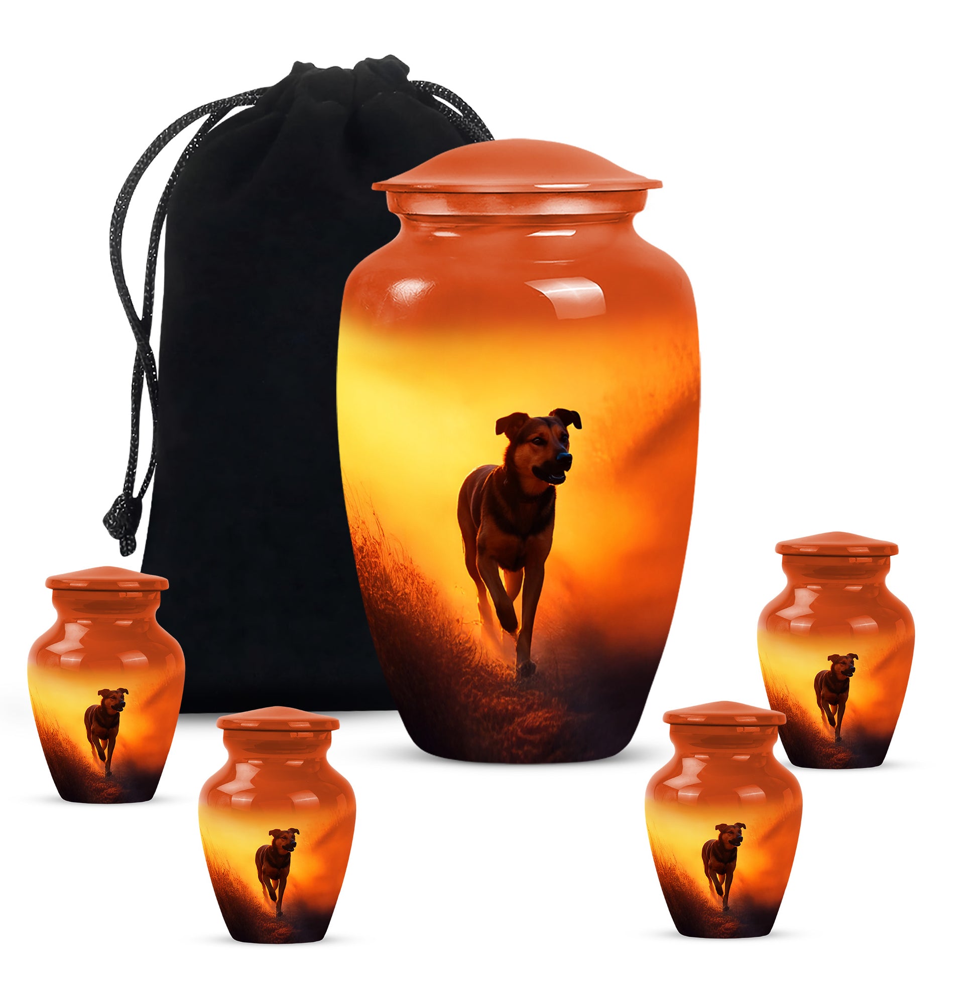Burnished Gold Dog Cremation Urn top-down view of secure threaded lid - elegant classic dog relief with fine detailing - memorial set with one large and four small urns