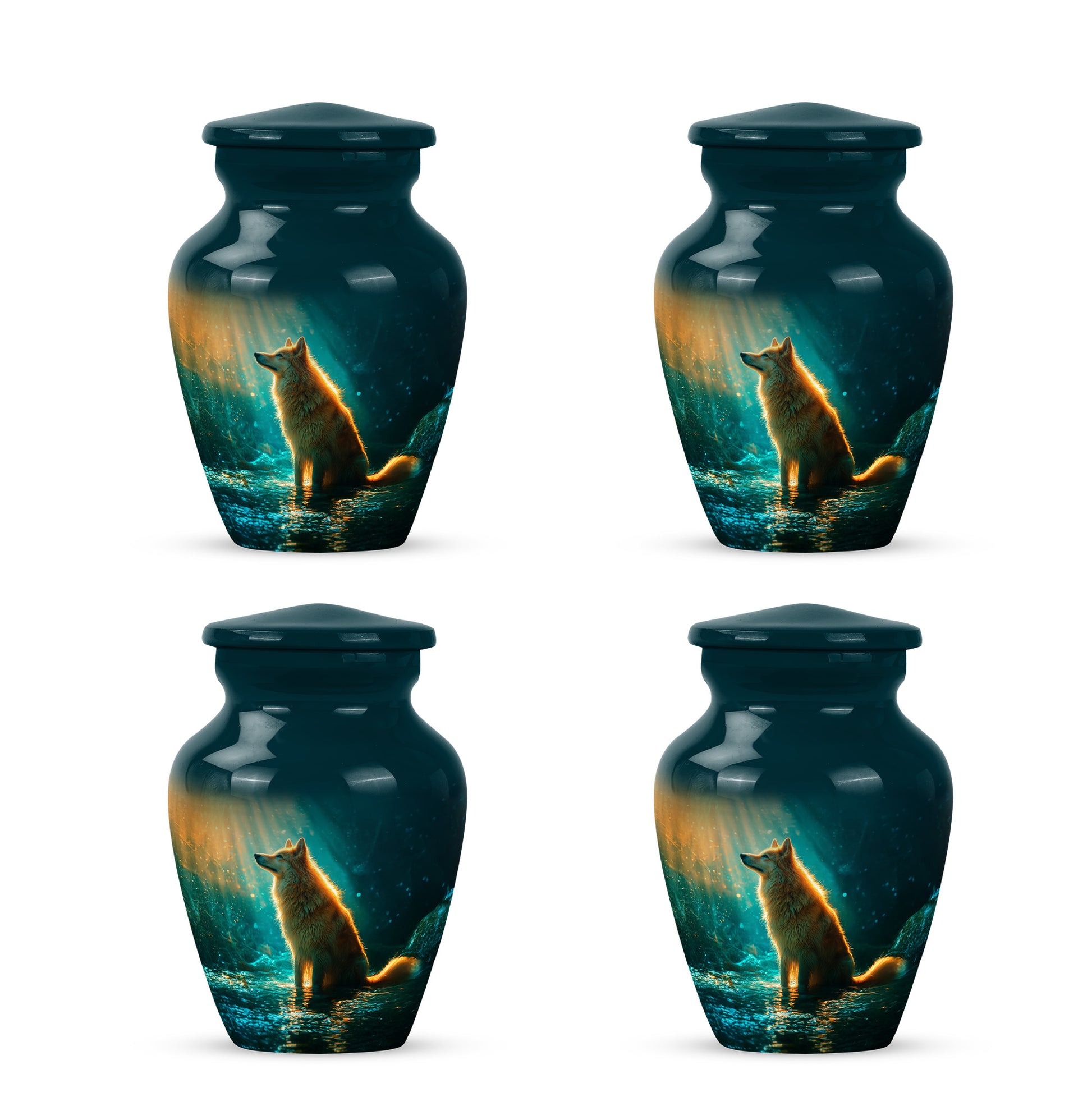 Vivid Teal Dog Cremation Urn side profile showing urn shape - traditional dog engraving with hand-polished finish - 10 inch aluminum urn for cremated remains