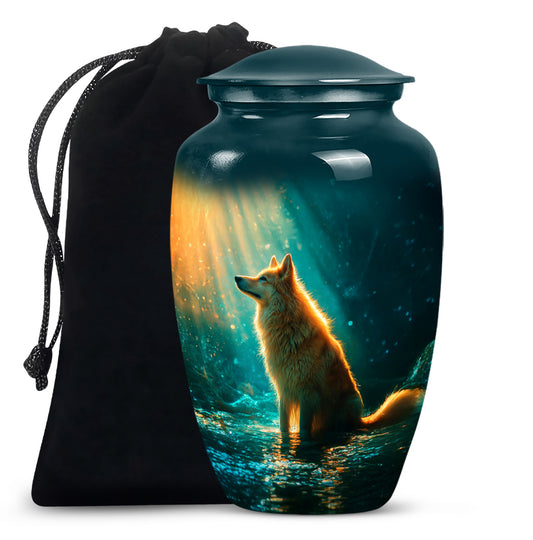 Deep Teal Dog Cremation Urn angled view of lid and engraved motif - elegant classic dog relief with fine detailing - full-size 10 inch 200 cubic inch adult cremation urn
