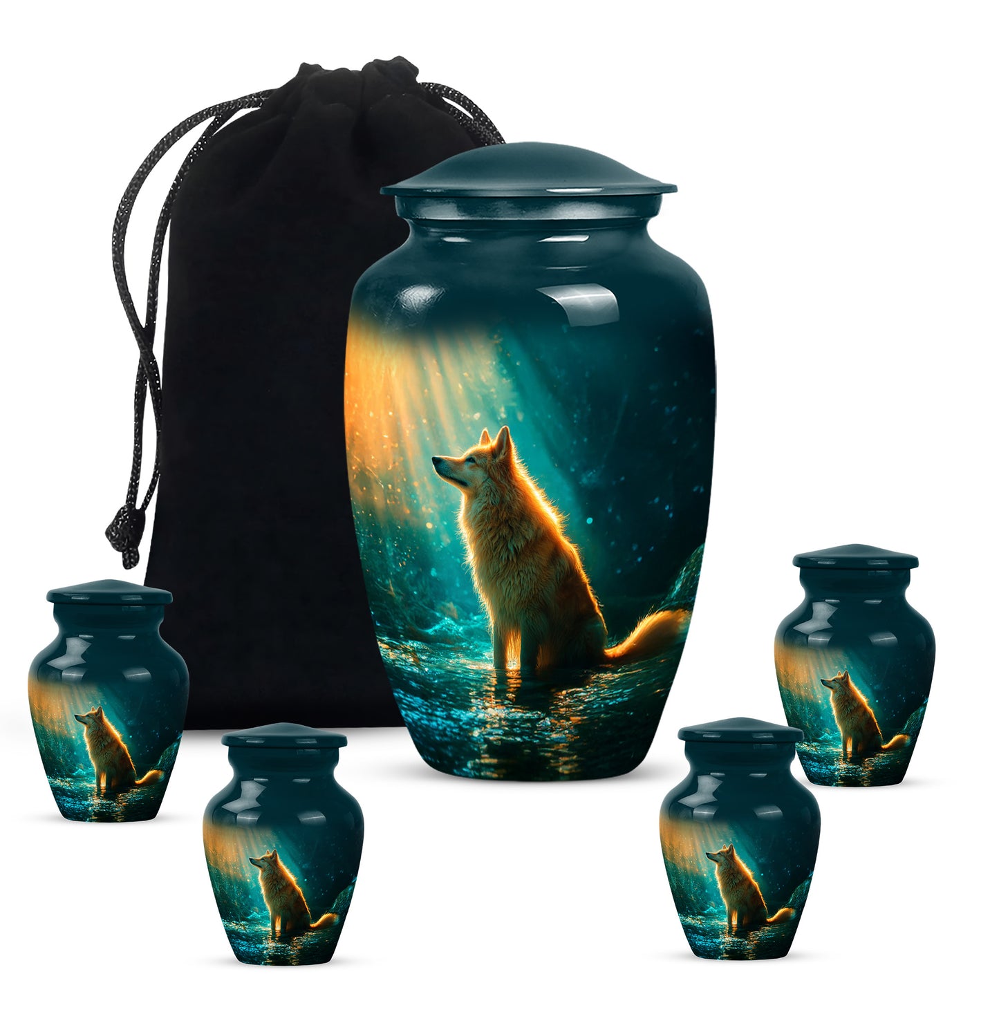 Mystic Teal Dog Cremation Urn top-down view of secure threaded lid - traditional dog engraving with hand-polished finish - memorial set with one large and four small urns