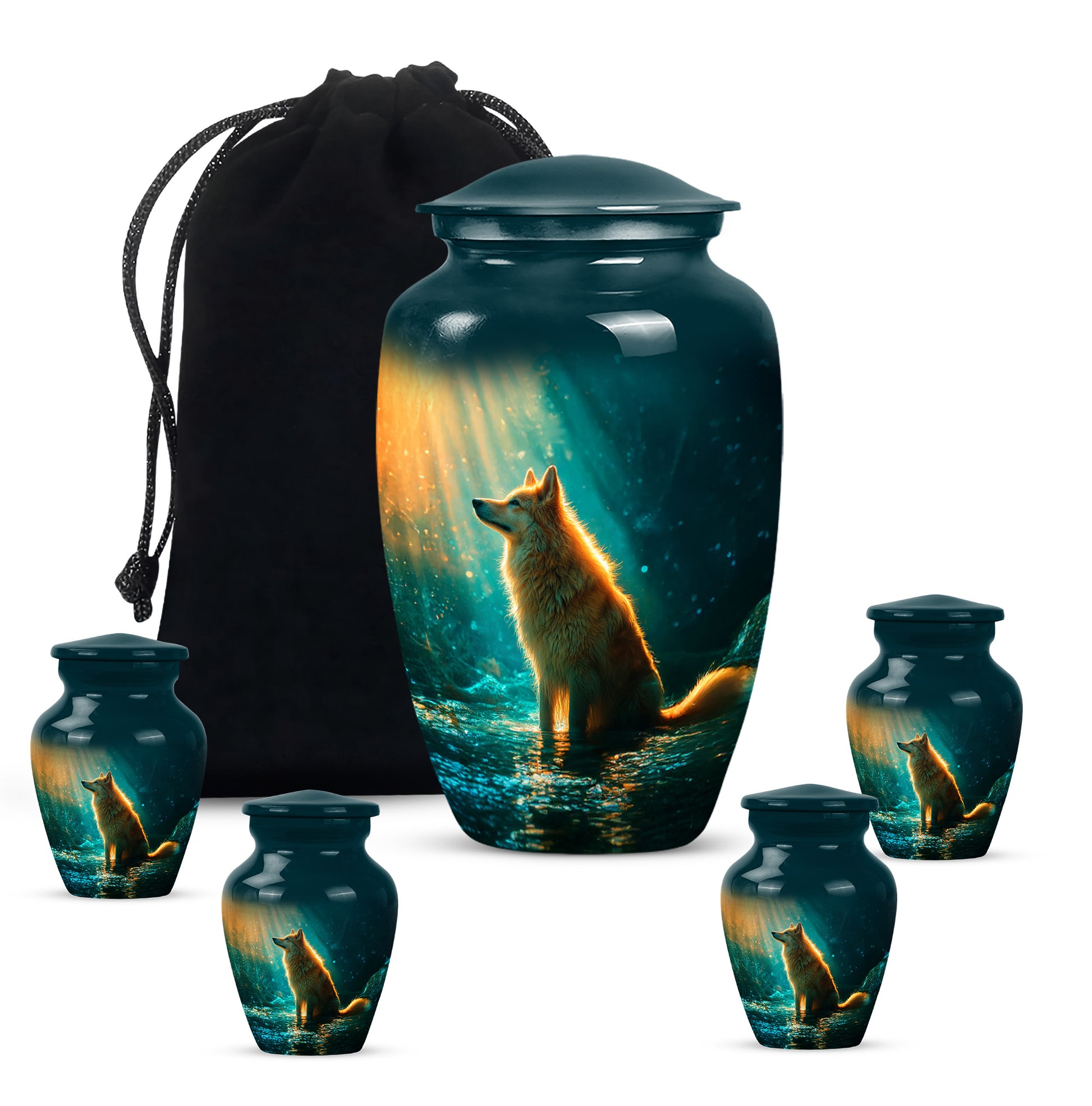 Mystic Teal Dog Cremation Urn top-down view of secure threaded lid - traditional dog engraving with hand-polished finish - memorial set with one large and four small urns