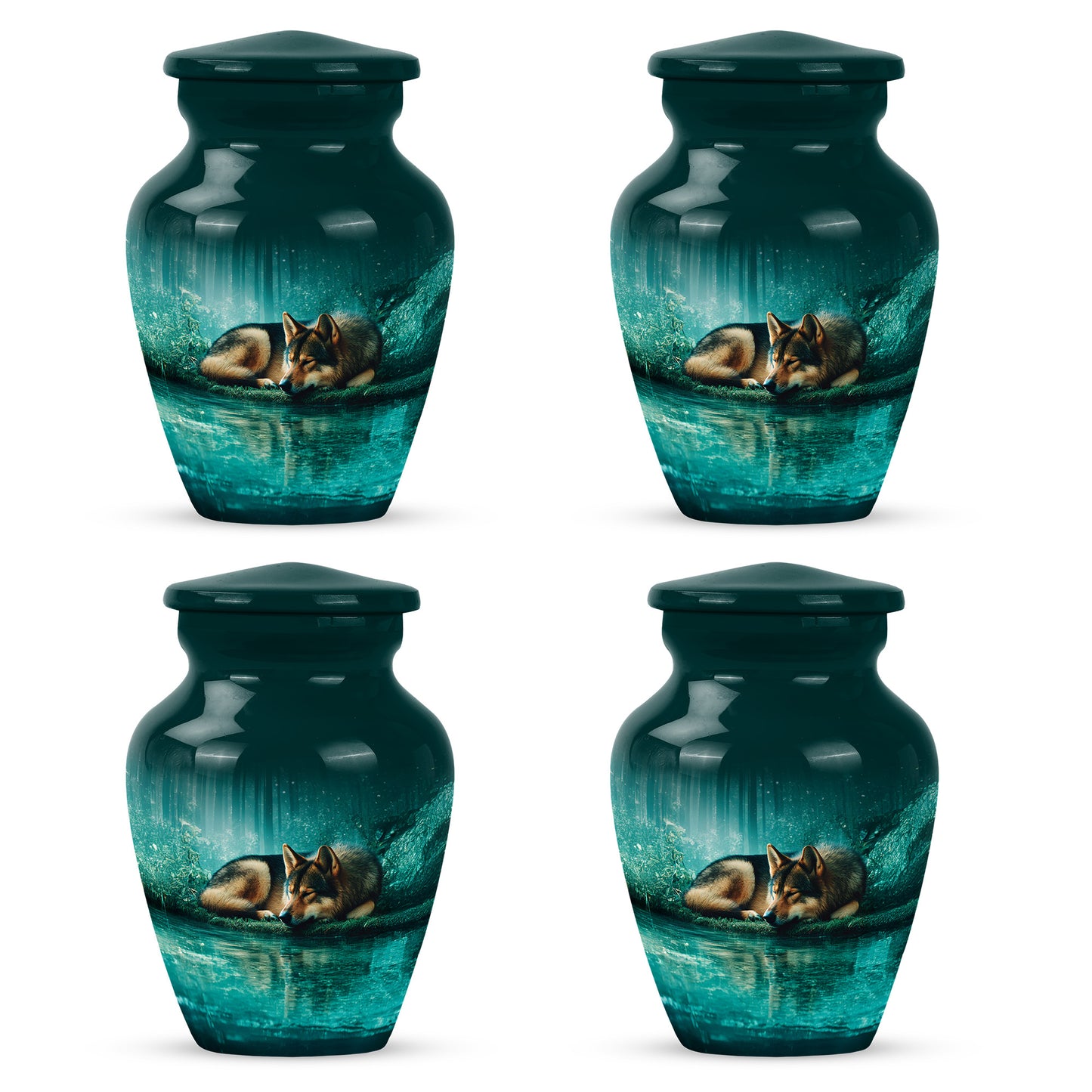 Aqua Teal Dog Cremation Urn side profile showing urn shape - elegant classic dog relief with fine detailing - 10 inch aluminum urn for cremated remains