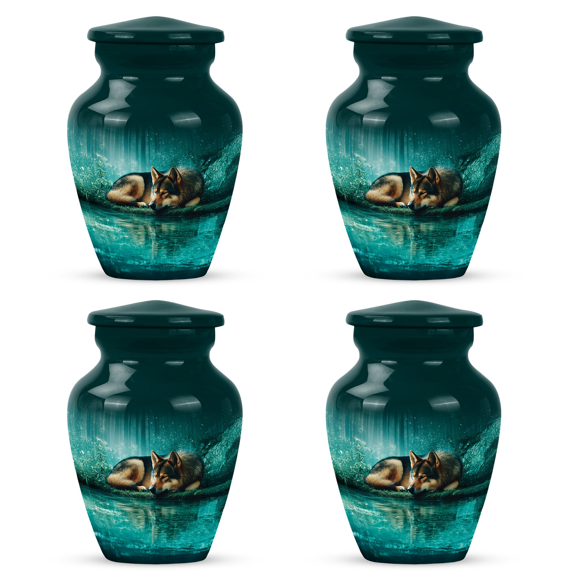 Aqua Teal Dog Cremation Urn side profile showing urn shape - elegant classic dog relief with fine detailing - 10 inch aluminum urn for cremated remains