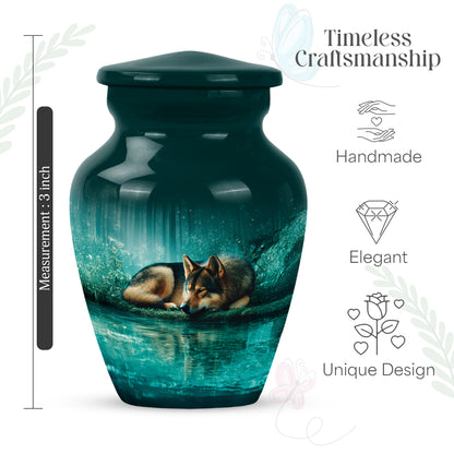 Vivid Teal Dog Cremation Urn close-up of engraving and surface detail - elegant classic dog relief with fine detailing - mini keepsake memorial for portion of cremation ashes