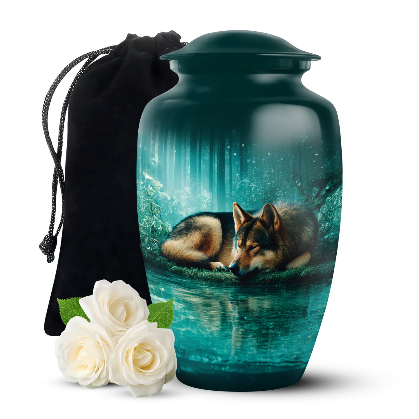Soft Teal Dog Cremation Urn angled view of lid and engraved motif - timeless dog motif etched into premium metal - full-size 10 inch 200 cubic inch adult cremation urn