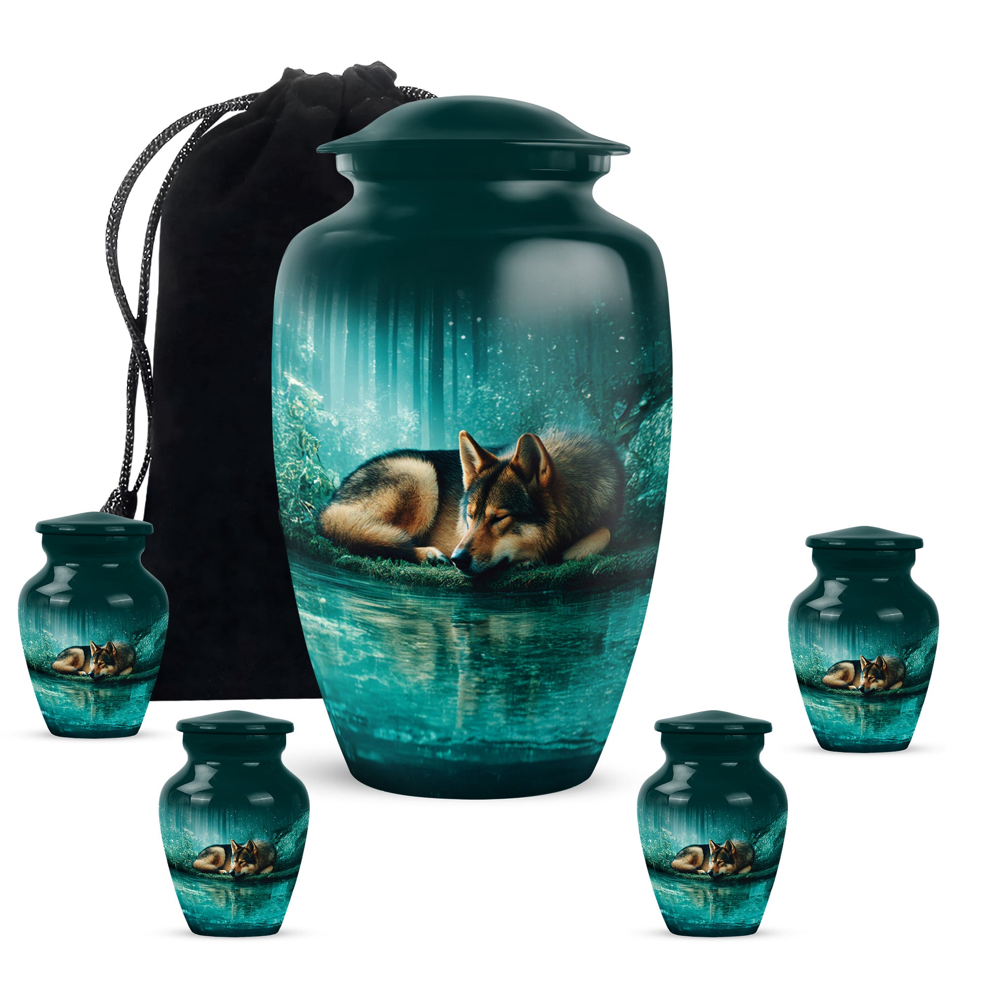 Vivid Teal Dog Cremation Urn top-down view of secure threaded lid - traditional dog engraving with hand-polished finish - memorial set with one large and four small urns
