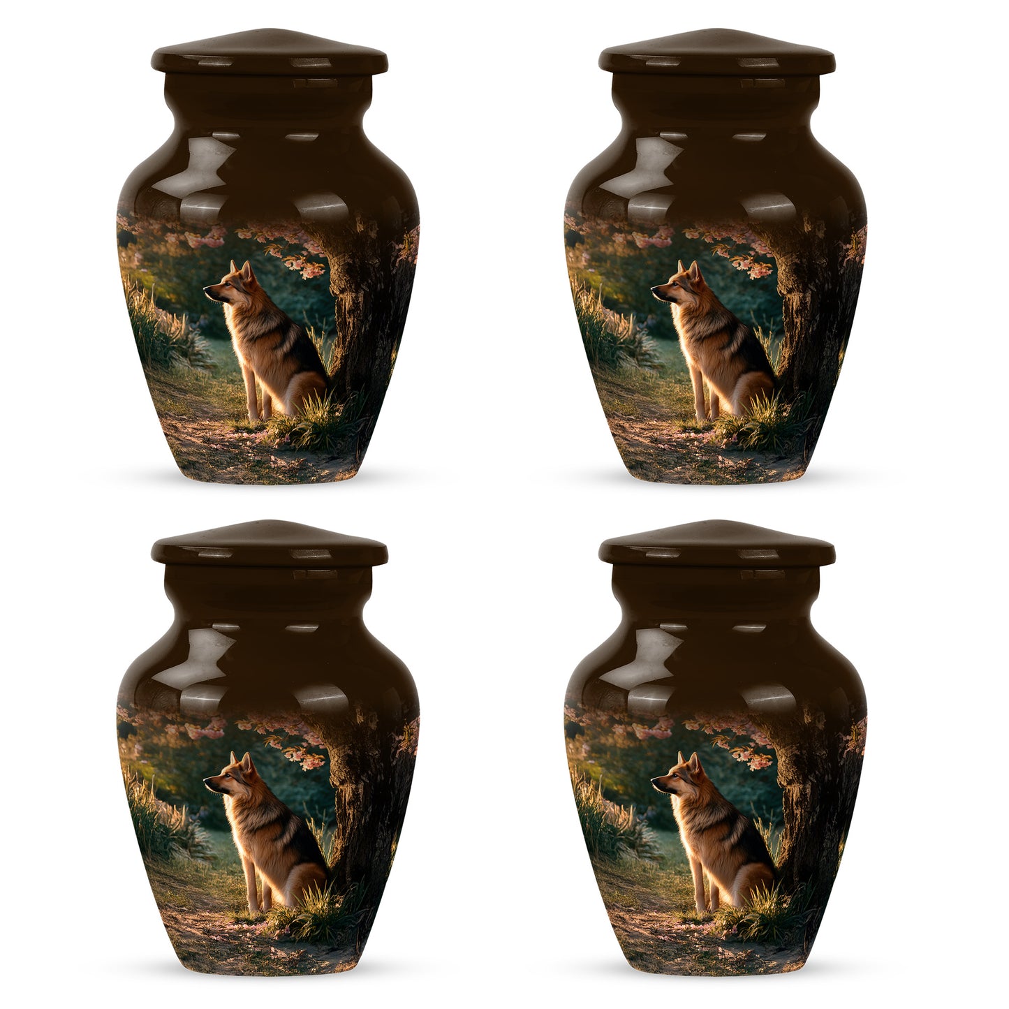 Amber Gold Dog Cremation Urn side profile showing urn shape - classic sculpted dog pattern on smooth aluminum - 10 inch aluminum urn for cremated remains