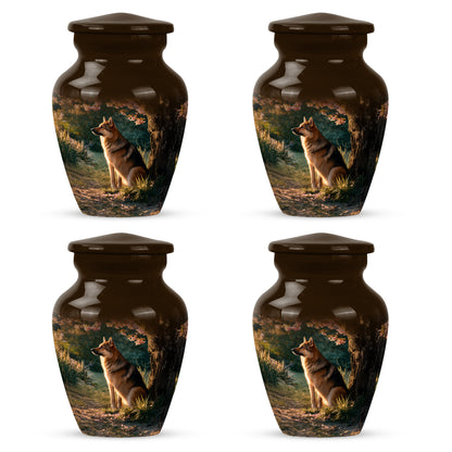 Amber Gold Dog Cremation Urn side profile showing urn shape - classic sculpted dog pattern on smooth aluminum - 10 inch aluminum urn for cremated remains