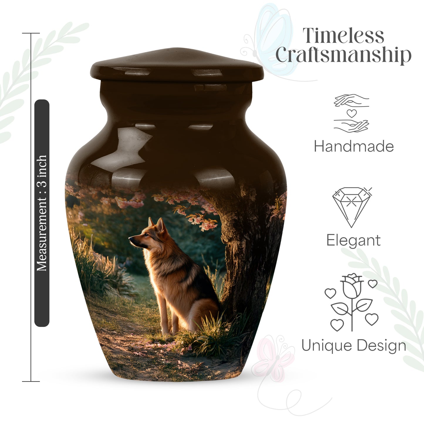 Sunrise Gold Dog Cremation Urn close-up of engraving and surface detail - classic sculpted dog pattern on smooth aluminum - mini keepsake memorial for portion of cremation ashes