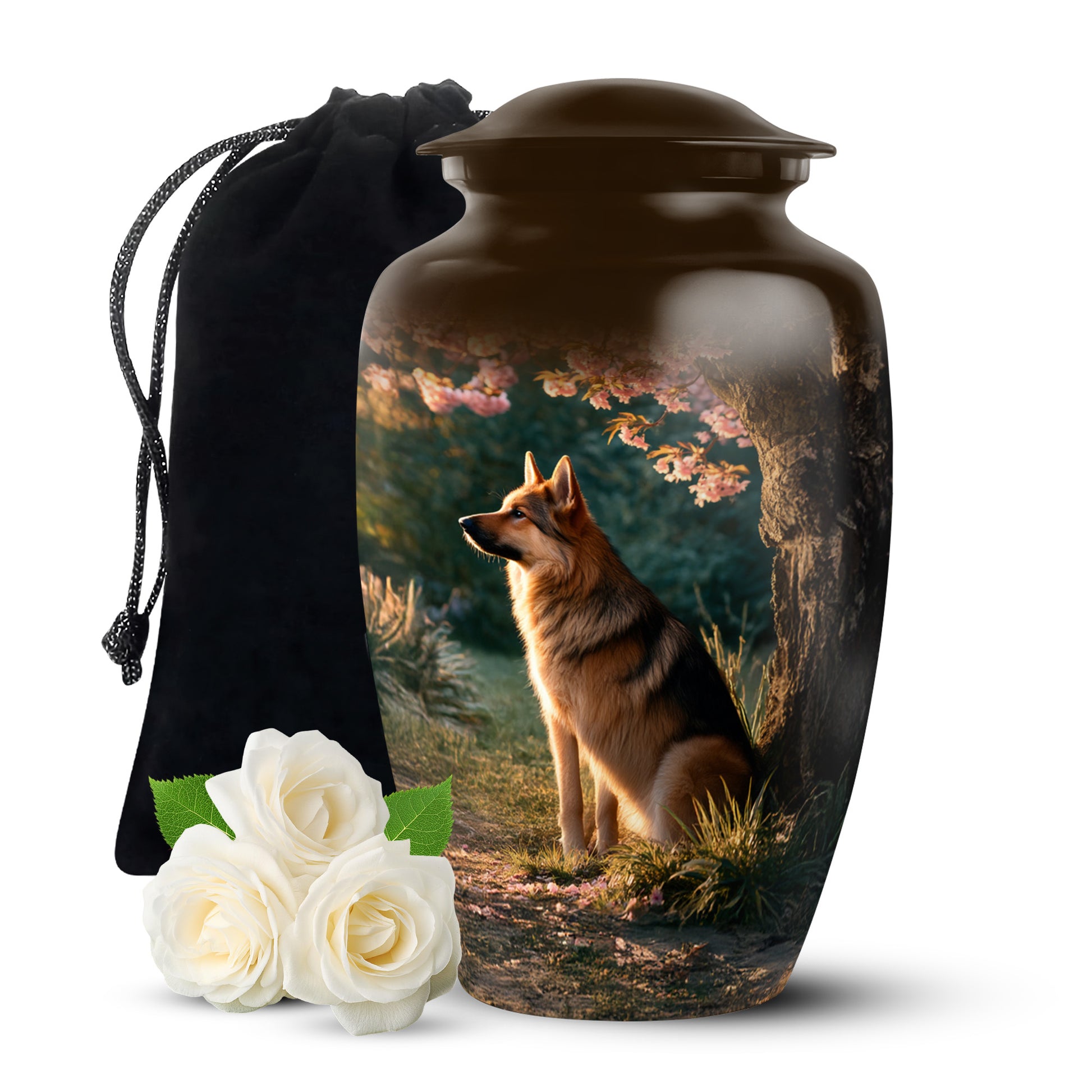 Antique Gold Dog Cremation Urn angled view of lid and engraved motif - timeless dog motif etched into premium metal - full-size 10 inch 200 cubic inch adult cremation urn