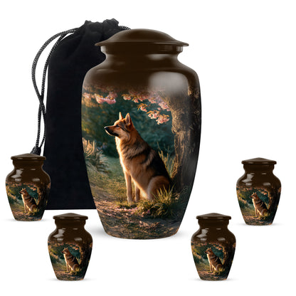 Champagne Gold Dog Cremation Urn top-down view of secure threaded lid - timeless dog motif etched into premium metal - memorial set with one large and four small urns