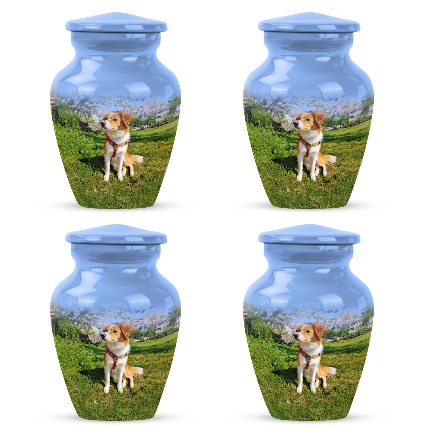 Royal Blue Dog Cremation Urn side profile showing urn shape - elegant classic dog relief with fine detailing - 10 inch aluminum urn for cremated remains
