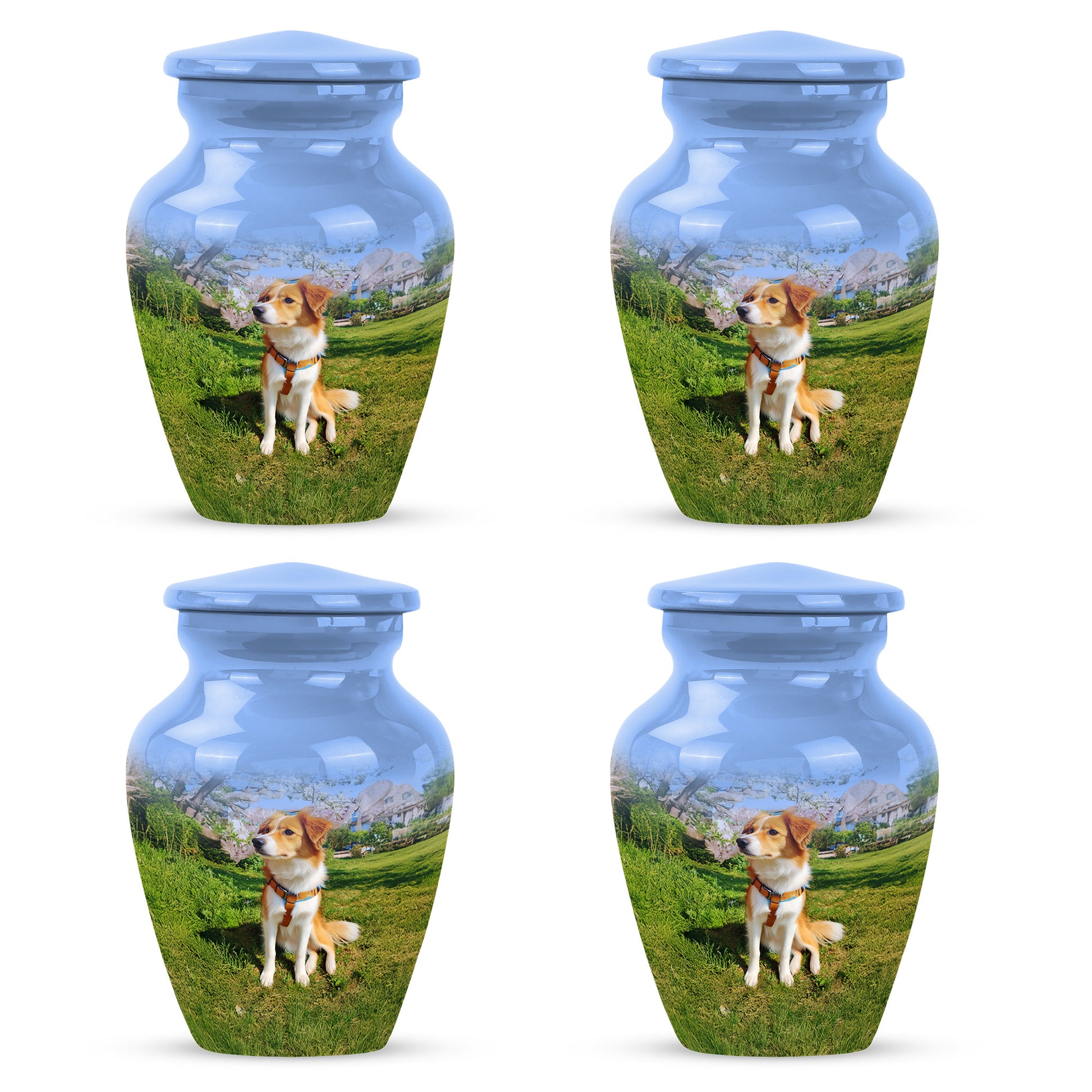 Royal Blue Dog Cremation Urn side profile showing urn shape - elegant classic dog relief with fine detailing - 10 inch aluminum urn for cremated remains