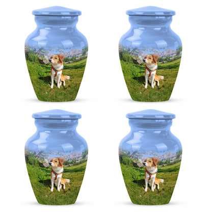Royal Blue Dog Cremation Urn side profile showing urn shape - elegant classic dog relief with fine detailing - 10 inch aluminum urn for cremated remains