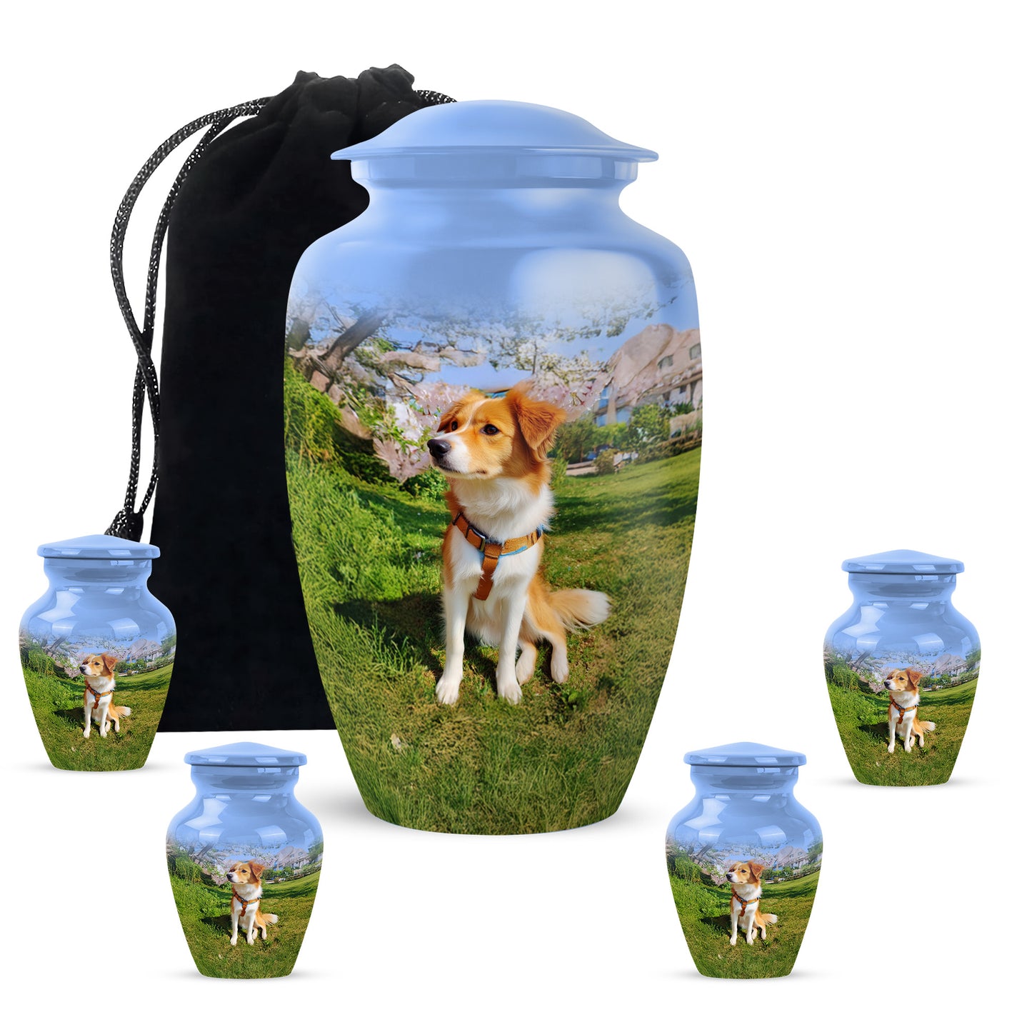 Misty Blue Dog Cremation Urn top-down view of secure threaded lid - timeless dog motif etched into premium metal - memorial set with one large and four small urns