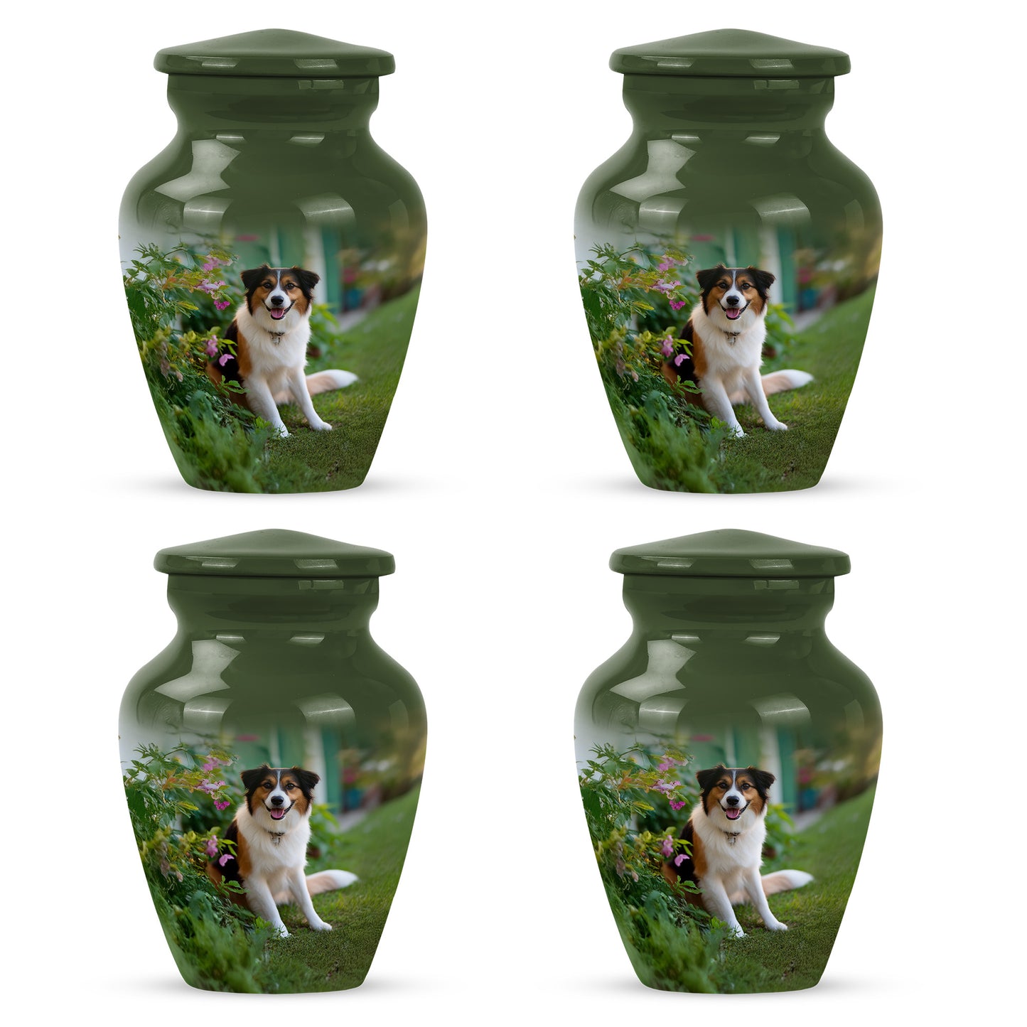 Hunter Green Dog Cremation Urn side profile showing urn shape - elegant classic dog relief with fine detailing - 10 inch aluminum urn for cremated remains