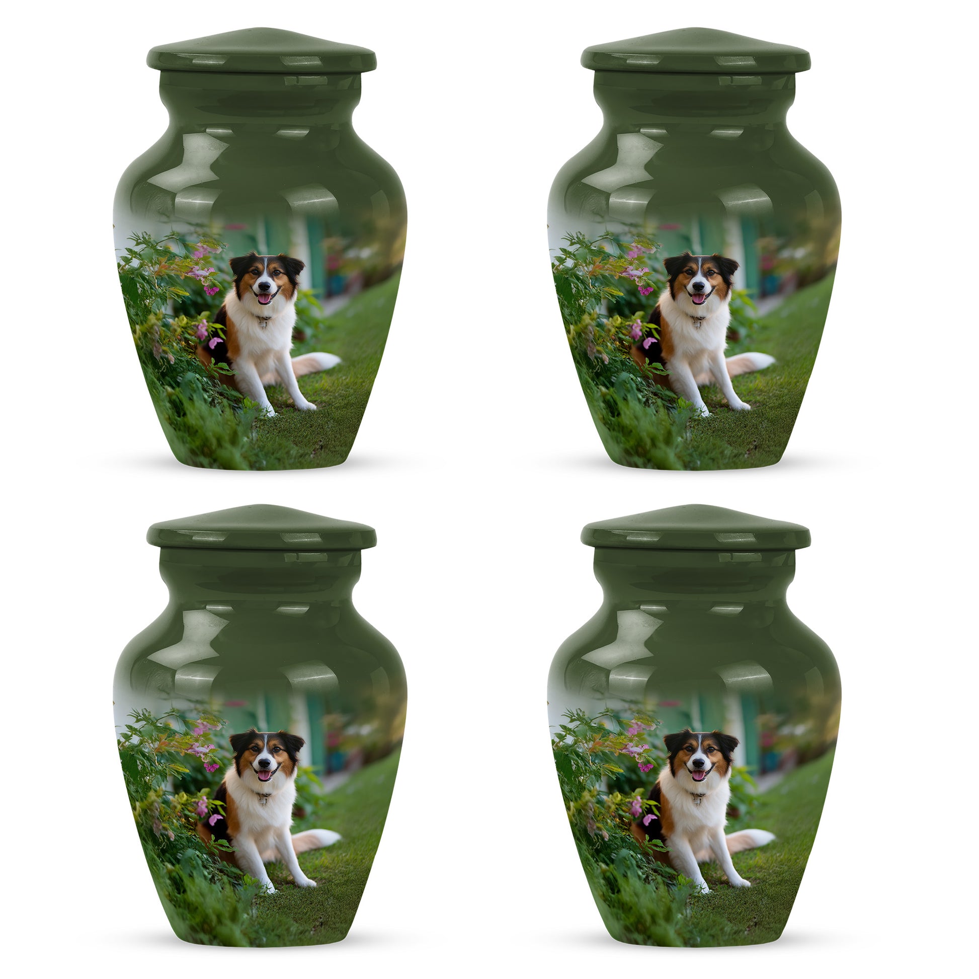 Hunter Green Dog Cremation Urn side profile showing urn shape - elegant classic dog relief with fine detailing - 10 inch aluminum urn for cremated remains
