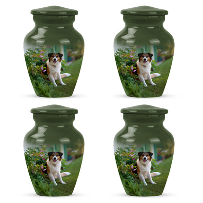 Hunter Green Dog Cremation Urn side profile showing urn shape - elegant classic dog relief with fine detailing - 10 inch aluminum urn for cremated remains