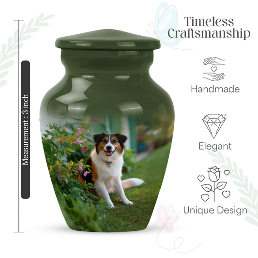 Moss Green Dog Cremation Urn close-up of engraving and surface detail - timeless dog motif etched into premium metal - mini keepsake memorial for portion of cremation ashes