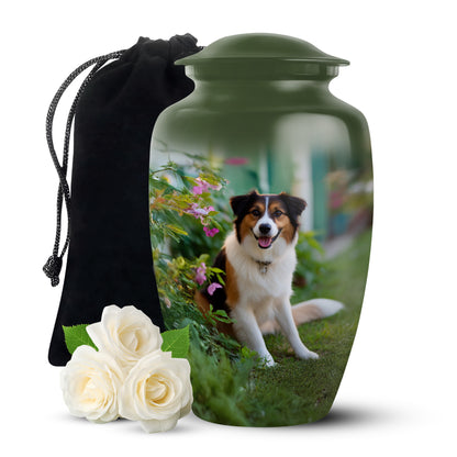 Sage Green Dog Cremation Urn angled view of lid and engraved motif - classic sculpted dog pattern on smooth aluminum - full-size 10 inch 200 cubic inch adult cremation urn