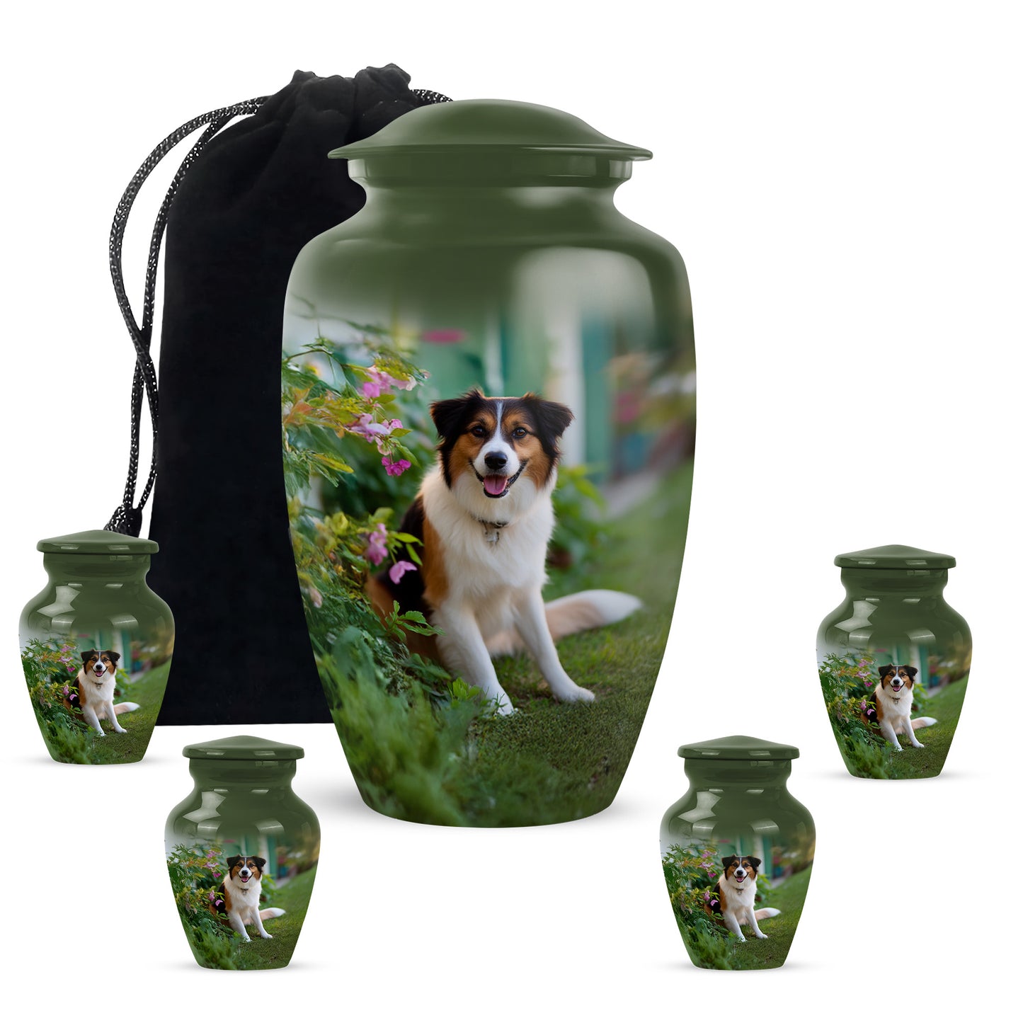 Pine Green Dog Cremation Urn top-down view of secure threaded lid - elegant classic dog relief with fine detailing - memorial set with one large and four small urns