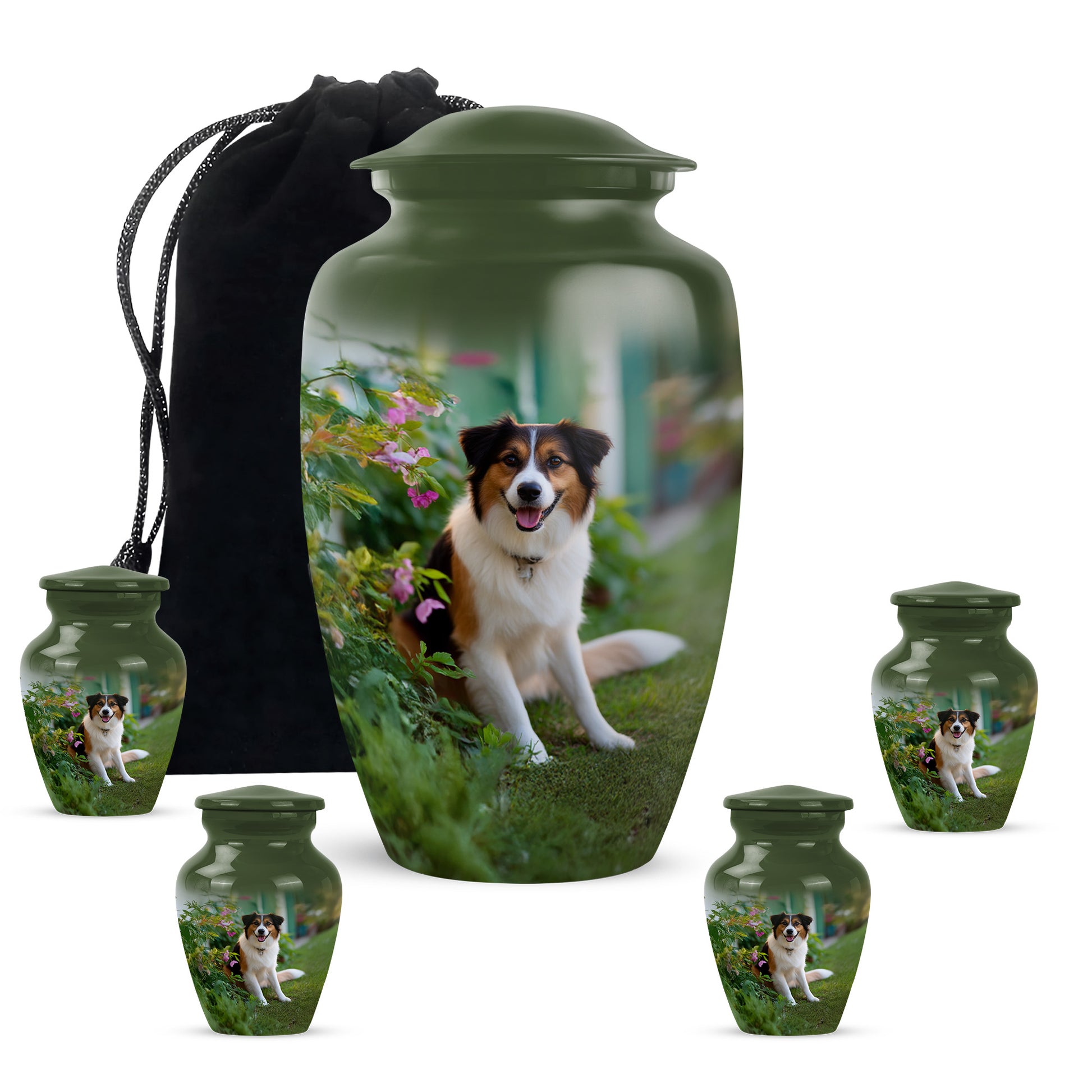 Pine Green Dog Cremation Urn top-down view of secure threaded lid - elegant classic dog relief with fine detailing - memorial set with one large and four small urns