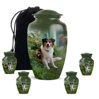 Pine Green Dog Cremation Urn top-down view of secure threaded lid - elegant classic dog relief with fine detailing - memorial set with one large and four small urns
