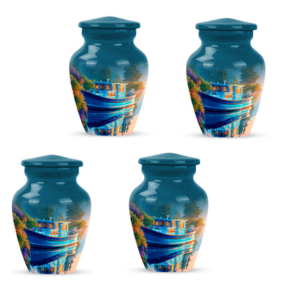 Calming Blue Boat Cremation Urn side profile showing urn shape - elegant classic boat relief with fine detailing - 10 inch aluminum urn for cremated remains