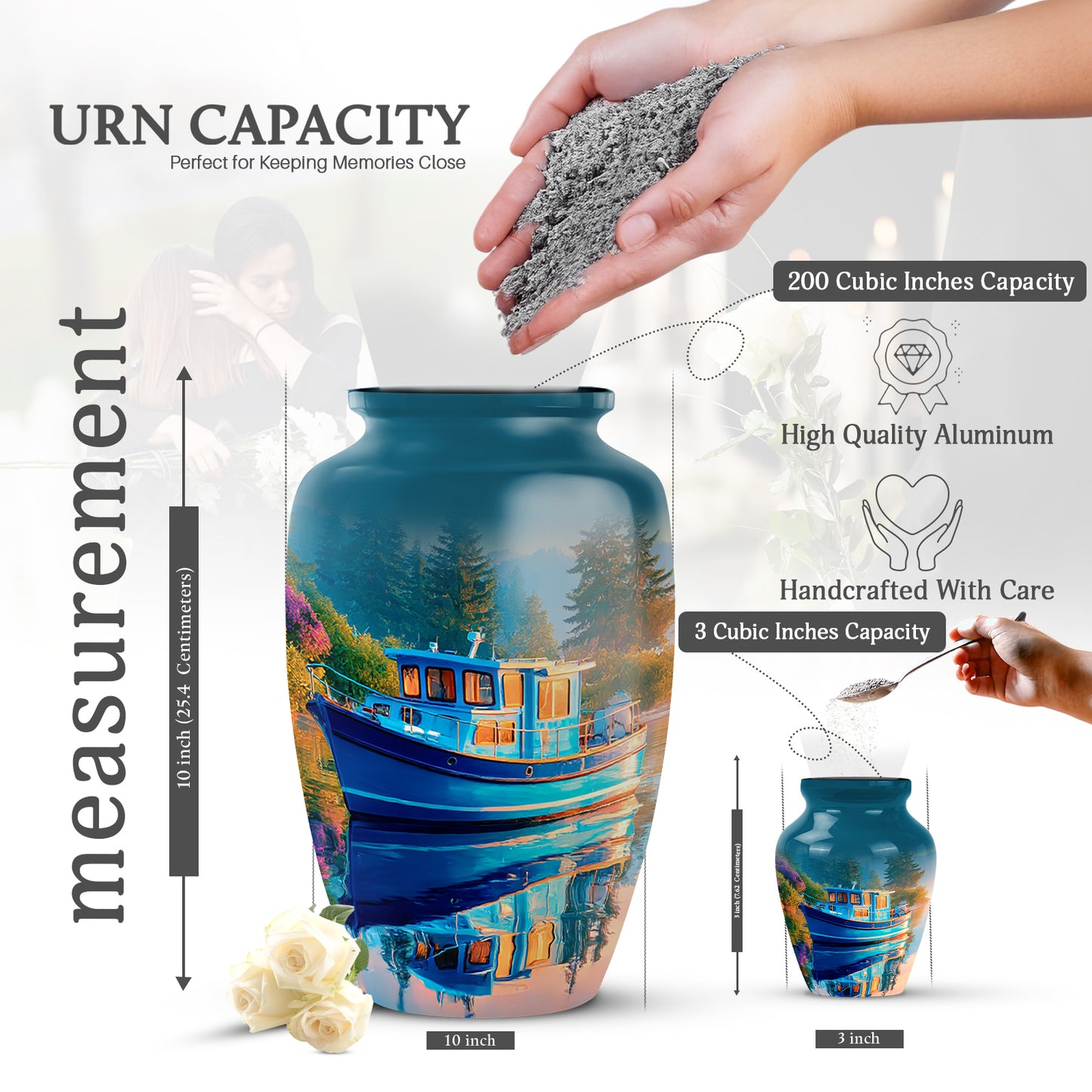 Pastel Blue Boat Cremation Urn close-up of engraving and surface detail - timeless boat motif etched into premium metal - mini keepsake memorial for portion of cremation ashes