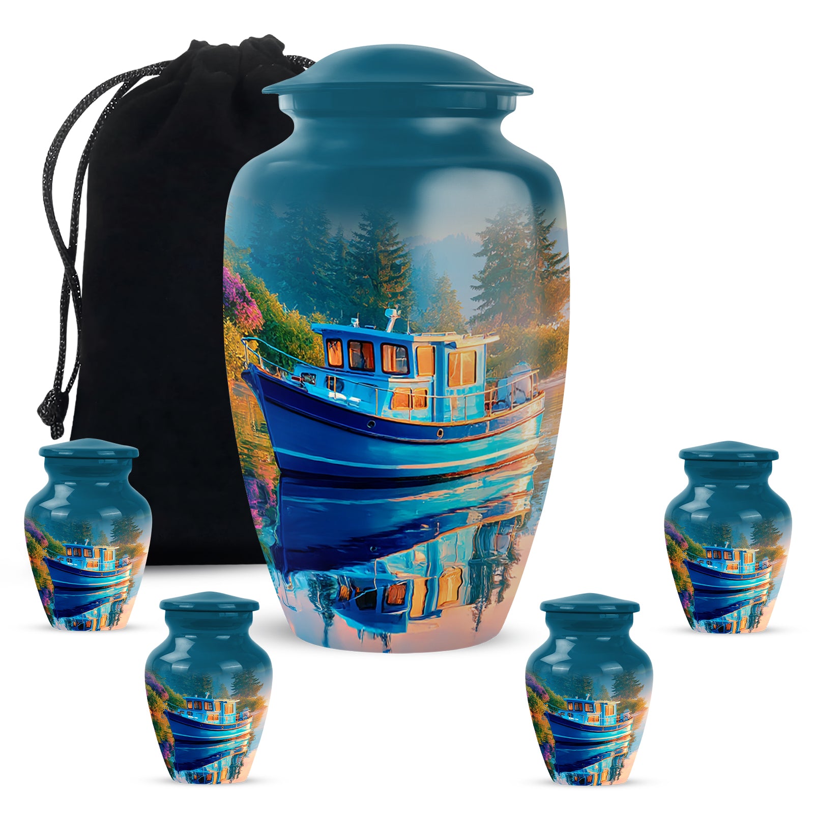 Pastel Blue Boat Cremation Urn top-down view of secure threaded lid - timeless boat motif etched into premium metal - memorial set with one large and four small urns