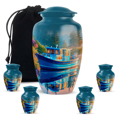 Pastel Blue Boat Cremation Urn top-down view of secure threaded lid - timeless boat motif etched into premium metal - memorial set with one large and four small urns