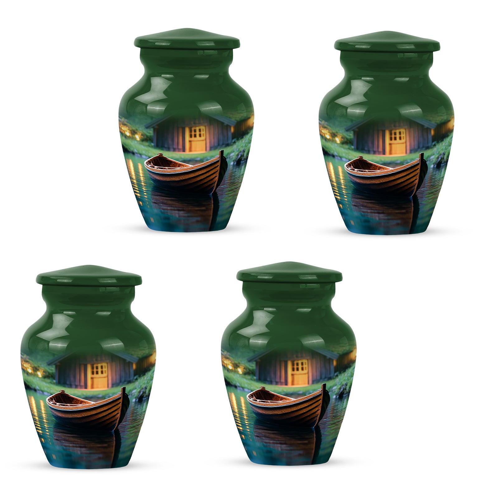 Moss Green Boat Cremation Urn side profile showing urn shape - classic sculpted boat pattern on smooth aluminum - 10 inch aluminum urn for cremated remains