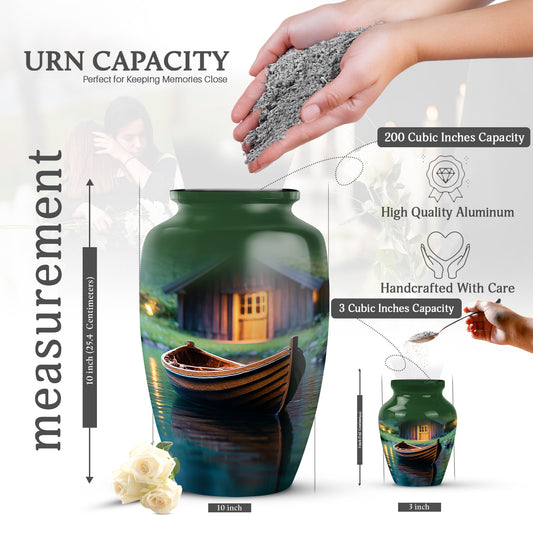 Verdant Green Boat Cremation Urn close-up of engraving and surface detail - timeless boat motif etched into premium metal - mini keepsake memorial for portion of cremation ashes