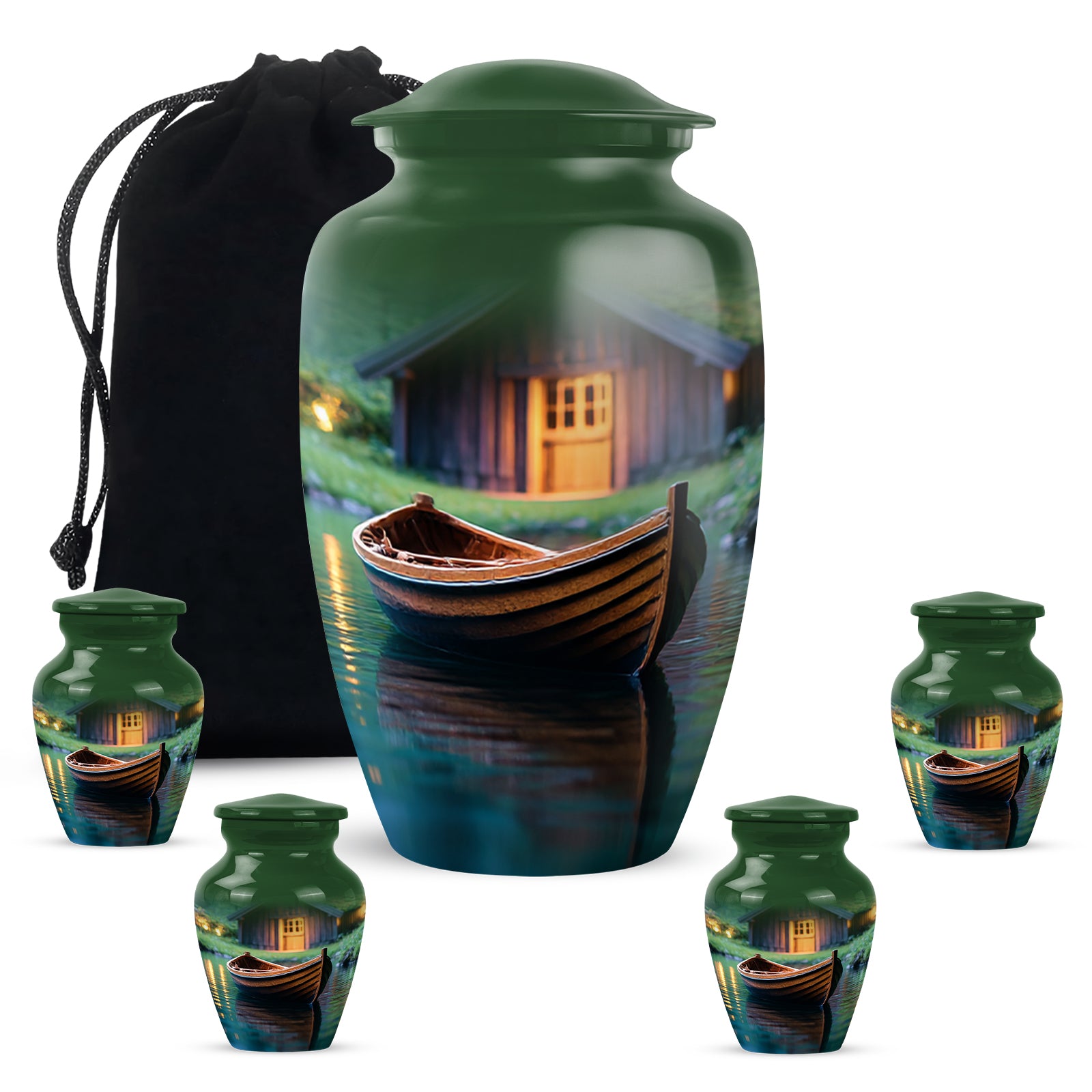 Mint Green Boat Cremation Urn top-down view of secure threaded lid - traditional boat engraving with hand-polished finish - memorial set with one large and four small urns