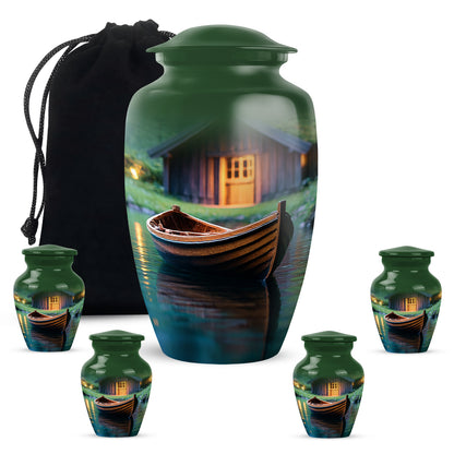 Mint Green Boat Cremation Urn top-down view of secure threaded lid - traditional boat engraving with hand-polished finish - memorial set with one large and four small urns