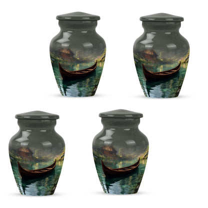 Rich Black Boat Cremation Urn side profile showing urn shape - classic sculpted boat pattern on smooth aluminum - 10 inch aluminum urn for cremated remains