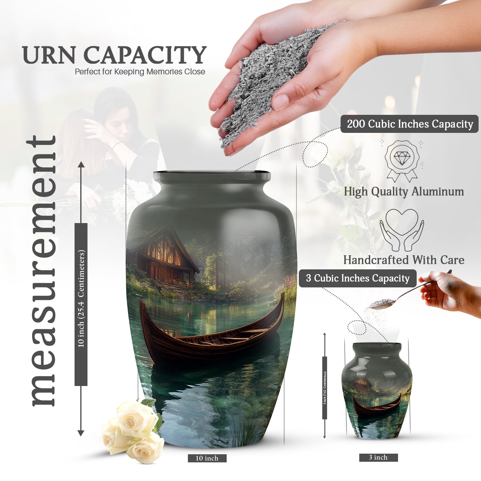 Dark Black Boat Cremation Urn close-up of engraving and surface detail - traditional boat engraving with hand-polished finish - mini keepsake memorial for portion of cremation ashes