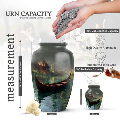 Dark Black Boat Cremation Urn close-up of engraving and surface detail - traditional boat engraving with hand-polished finish - mini keepsake memorial for portion of cremation ashes